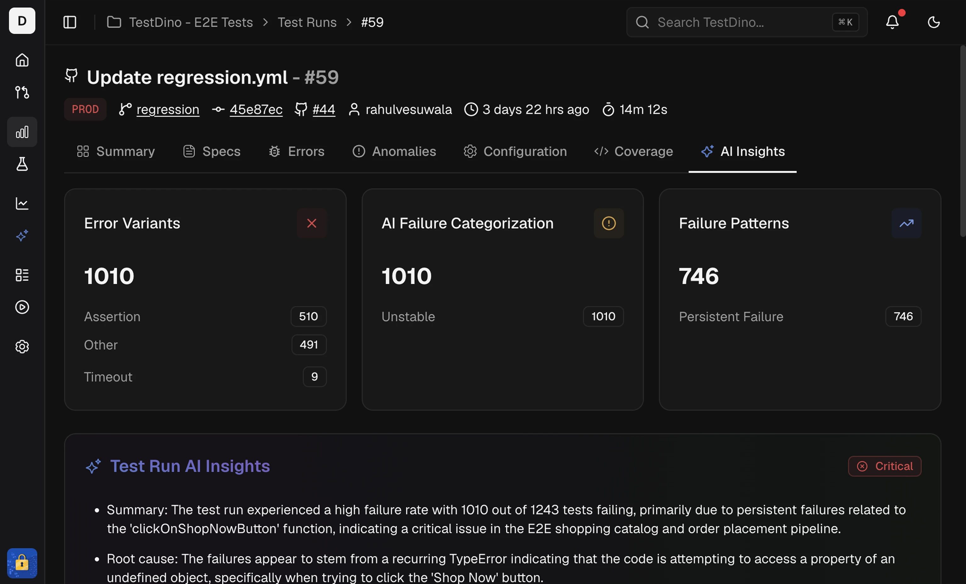 AI Insights KPI tiles showing error variants and failure categorization