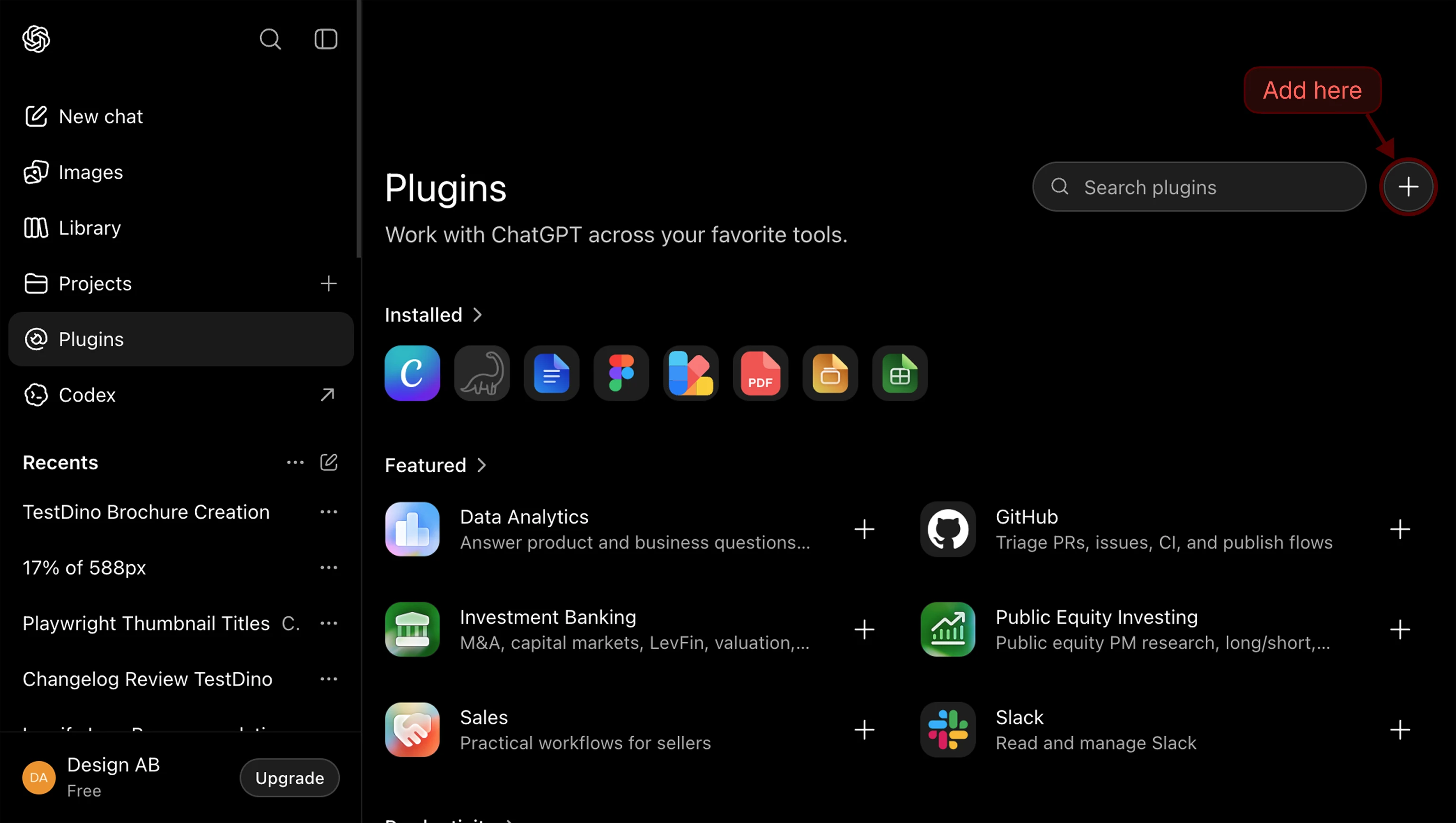 ChatGPT Settings Apps page listing connected apps with an Advanced settings row and a Create app button