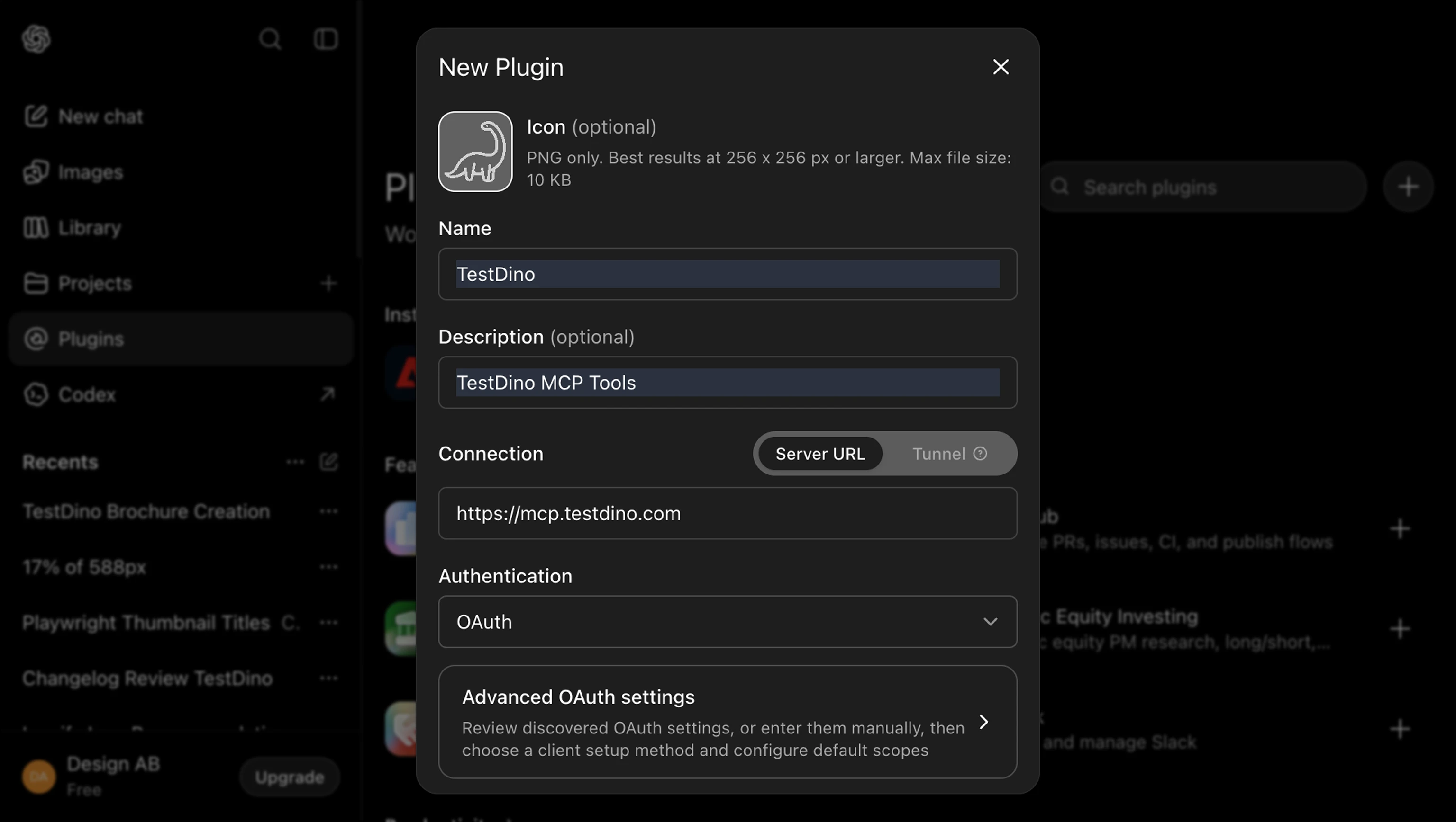 ChatGPT New App dialog with Name TestDino, MCP Server URL mcp.testdino.com, OAuth authentication, and the I understand checkbox