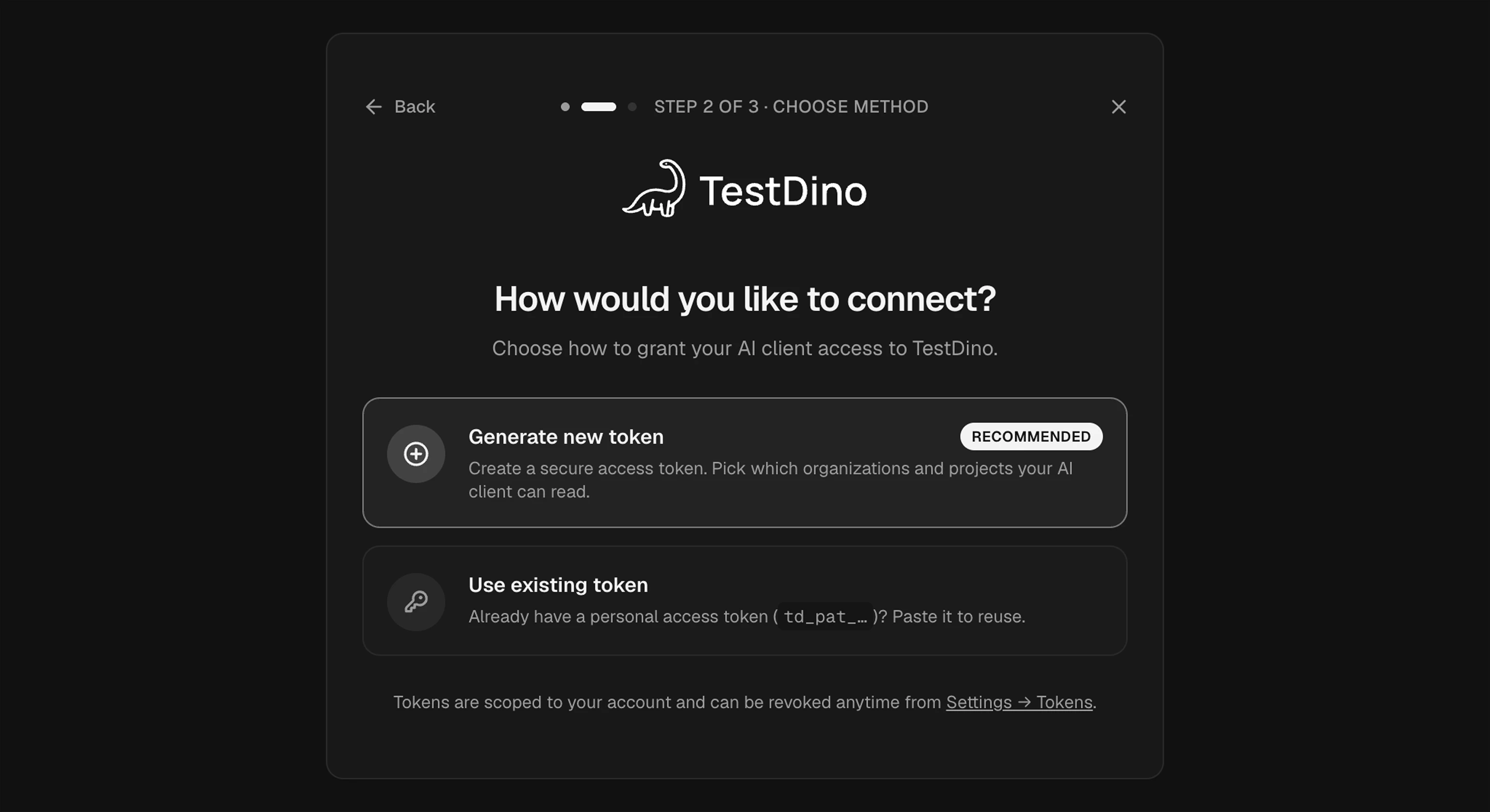TestDino OAuth Step 2 of 3 How would you like to connect dialog with Generate a new token (recommended) and Use an existing token options
