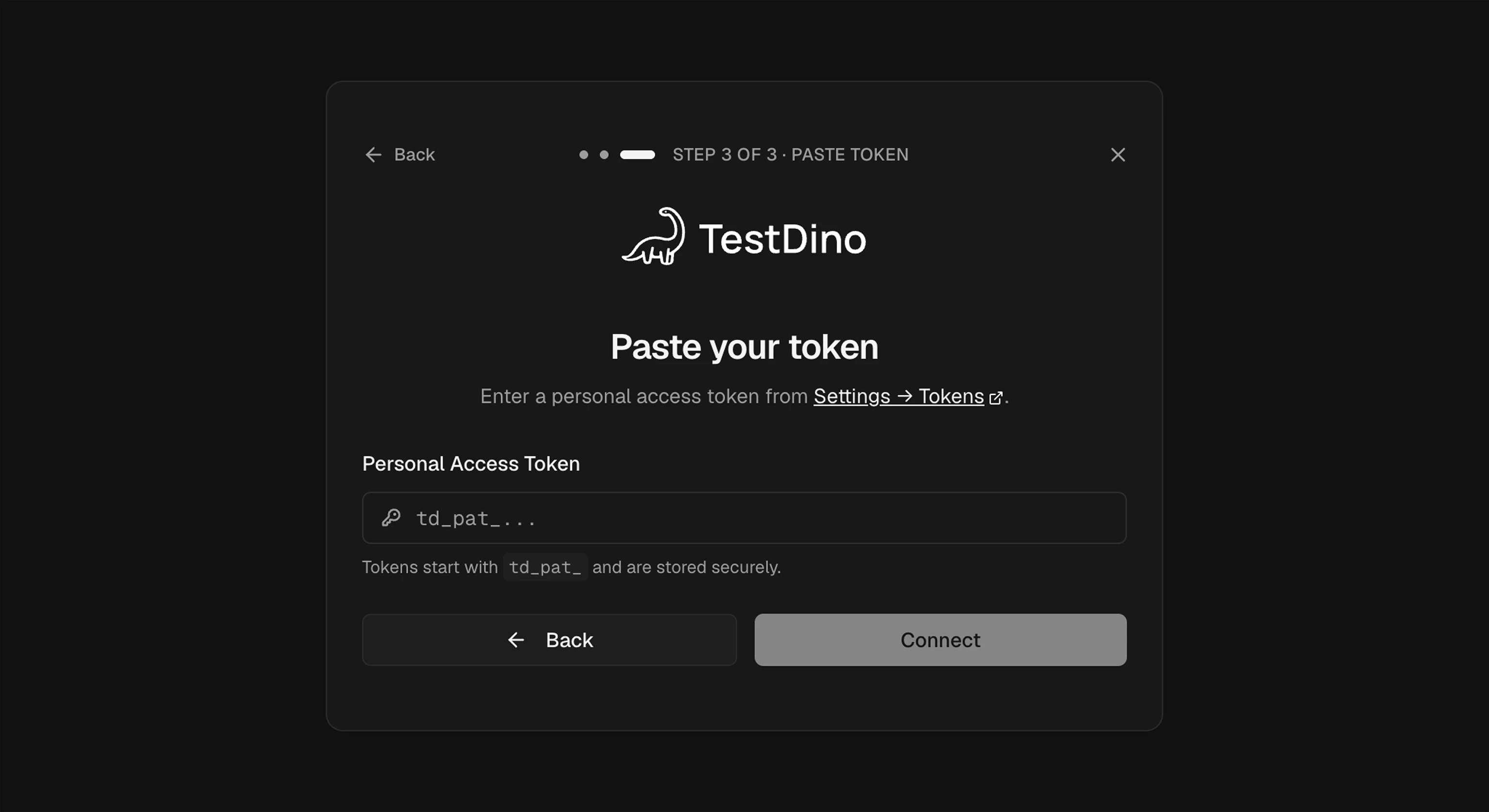 TestDino OAuth Step 3 of 3 Paste your token dialog with a Personal Access Token input prefilled with td_pat_ and a Connect button