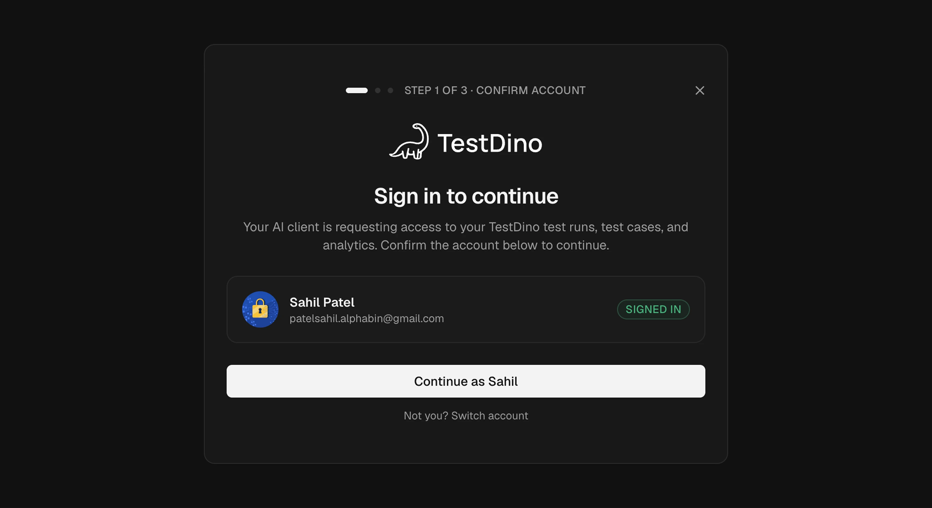 TestDino OAuth Step 1 of 3 Sign in to continue dialog with the active account selected and a Continue as button