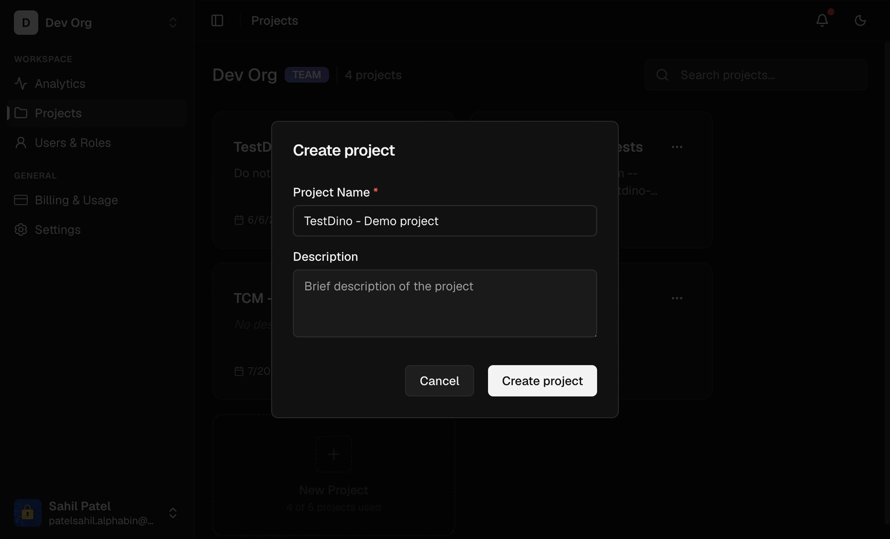 TestDino new project creation screen with project name field