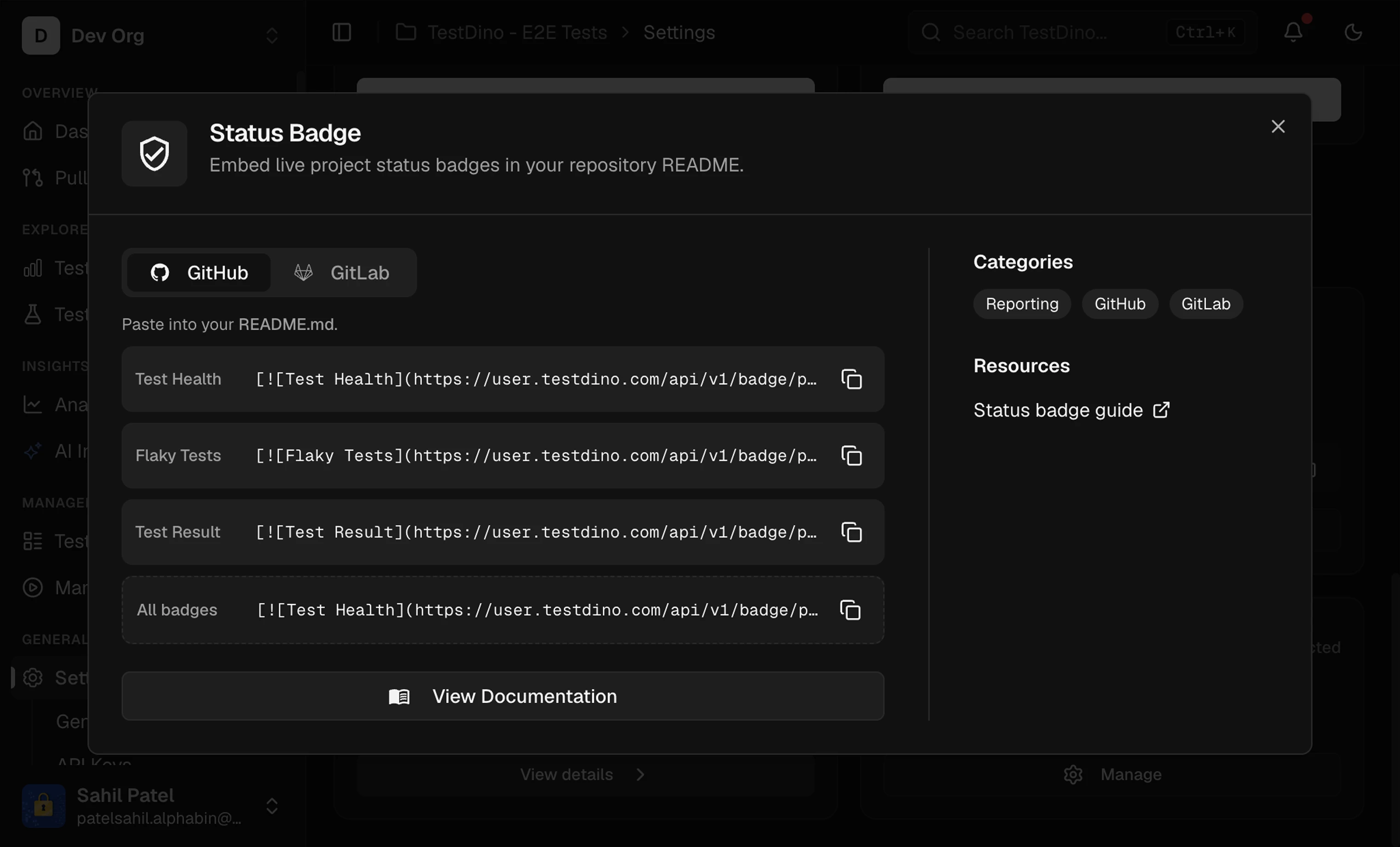 Status Badge dialog on the GitHub tab showing Test Health, Flaky Tests, Test Result, and All badges with copyable snippets